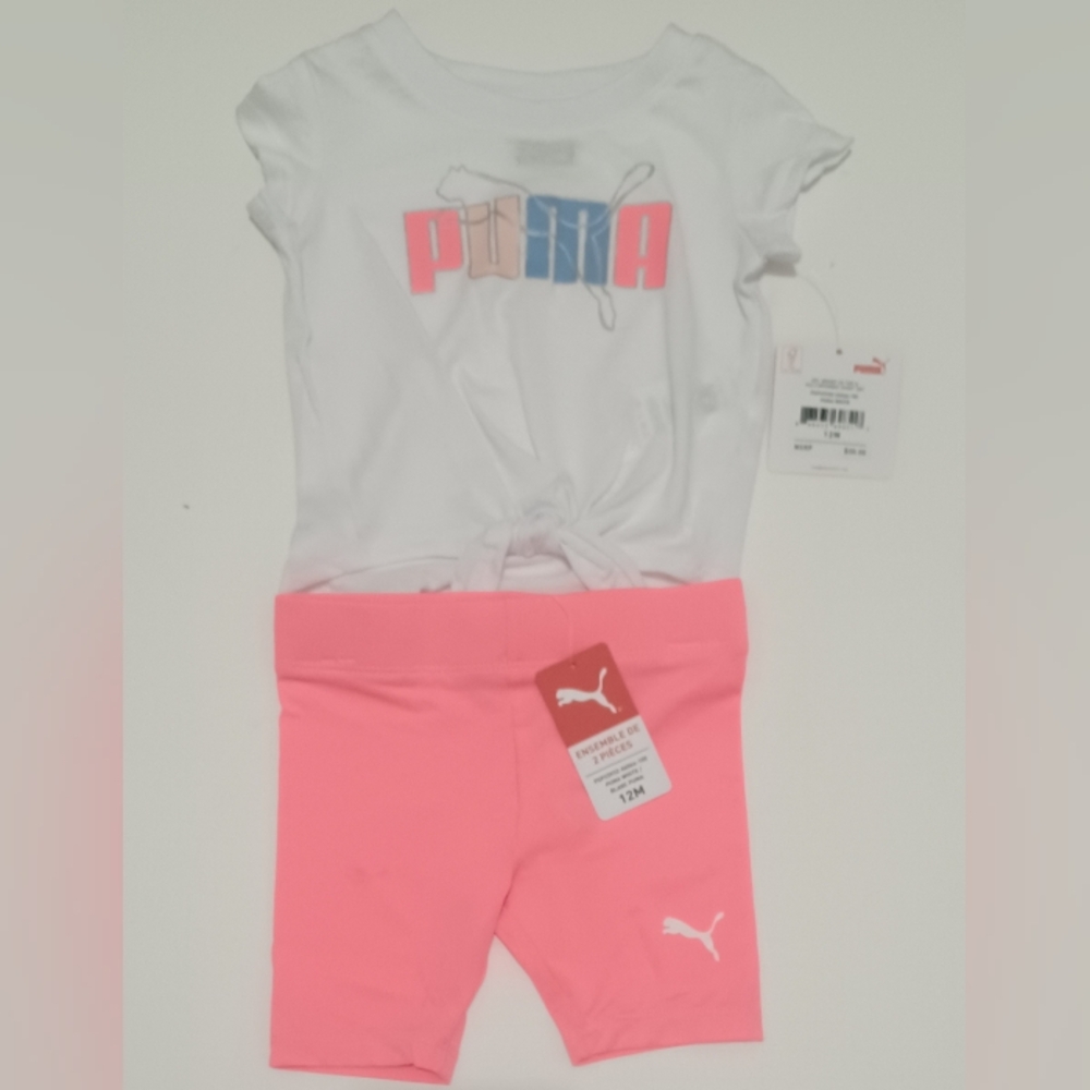 Puma Kids Girl 2 Pcs Brand Logo Tee and Shorts Set, White/Neon Pink Size 12M